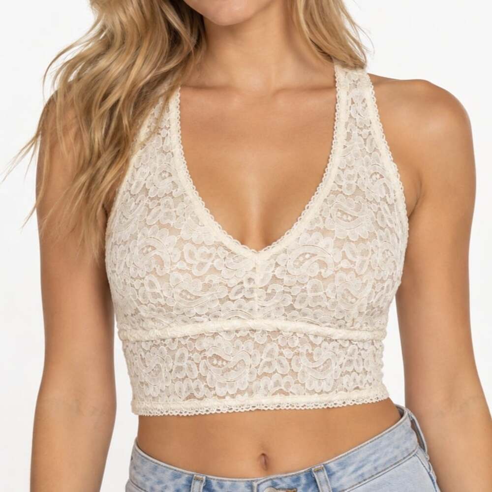 Maurices Cream Floral Lace Racerback Bralette Crop Top V-Neck